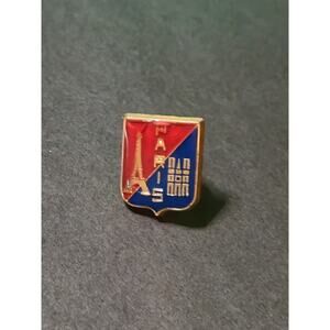 Pin Badge - Vintage Eiffel Tower, Paris France Colors on Gold Tone Shield